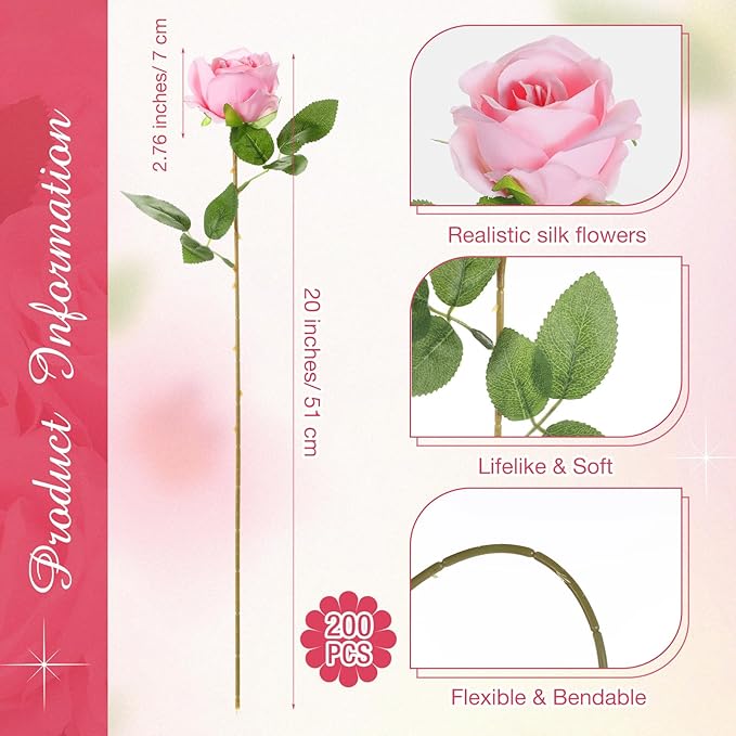 Lyrow 200 Pcs Artificial Roses Realistic Flowers Bulk Real Looking Fake Silk Rose Bouquets with Long Stem Flowers for Wedding Table Centerpieces Bridal Shower Party Home Garden Decor (Pink)