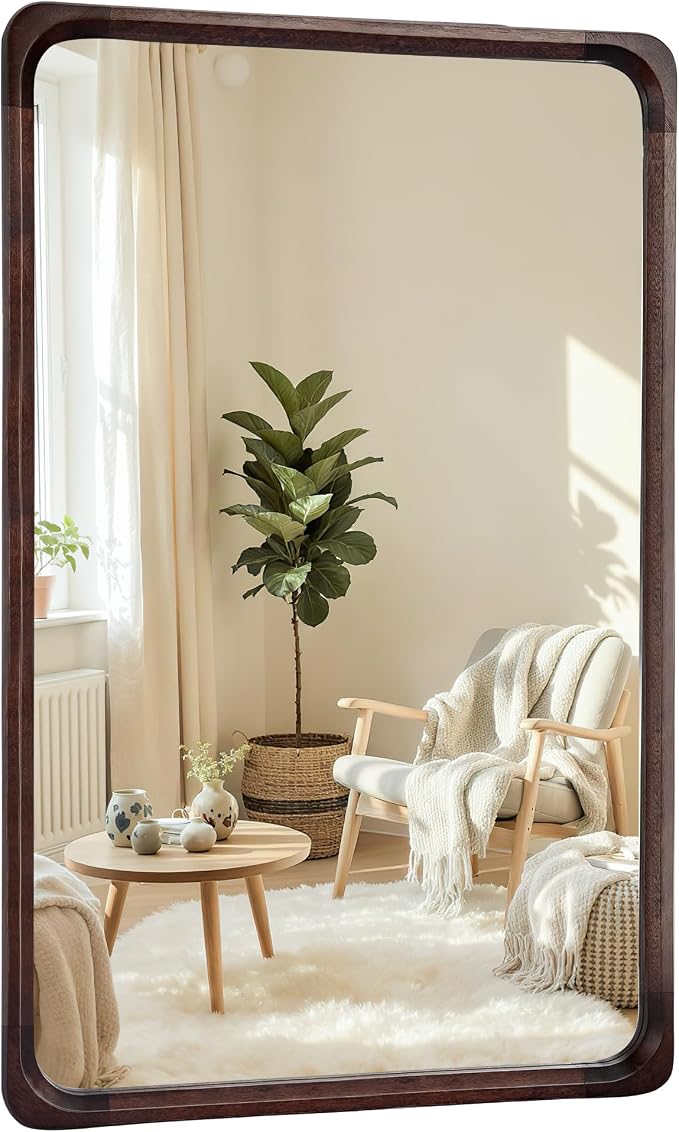 Tanmicoshomy Wood Bathroom Mirror 30 x 48 Inch, Solid Wood Framed Large Rectangle Mirrors with Tempered Glass for Living Room Bedroom Office or Entryway(Dark Brown)