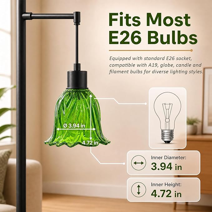 Green Glass Flower Floor Lamp,3 Light Tree Standing Lamp for Living Room Bedroom,Mid Century Modern Tall Floor Lamps Vintage Retro Boho Bohemian Home Office Decor Lamp Shade-Black