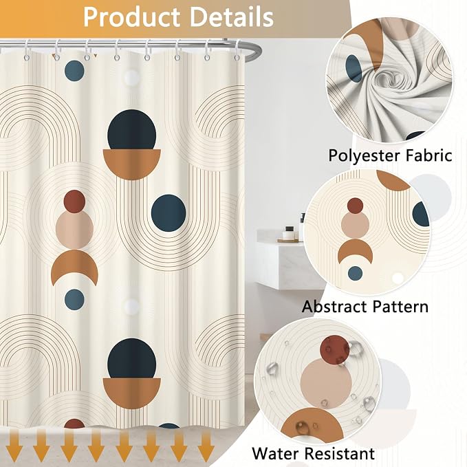 Abstract Mid Century Shower Curtain, Boho Geometric Arch Beige Retro Bathroom Shower Curtains, Morden Minimalist Hotel Style Polyester Shower Curtain, Waterproof Fabric with Hooks, 72" W x 72" L