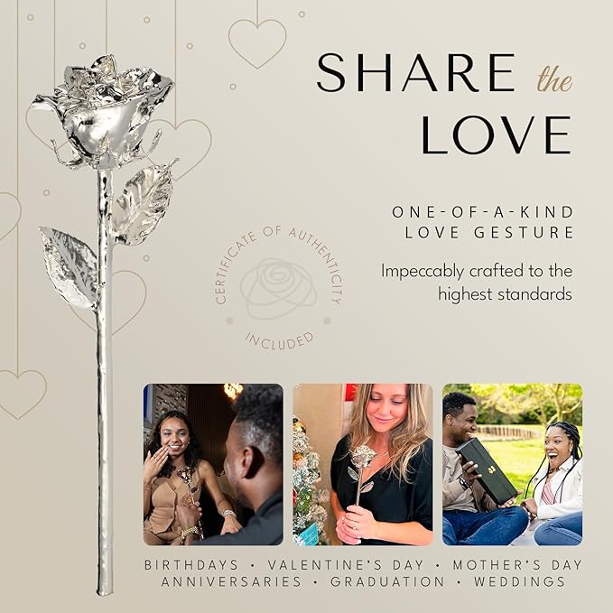 Forever Rose Enchanted Preserved with Real Silver Rose Lasts Forever | Includes Wood Base & Glass Dome | Silver Dipped Rose Assembled by Hand in The USA | Romantic Gifts for Women