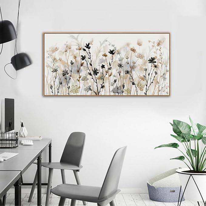 Framed Floral Wall Art Abstract Grey Cream White Grass Flowers Canvas Pictures Modern Landscape Painting Botanical Artwork for Living Room Bedroom Kitchen Office Wall Decor Ready to Hang 29"x58"