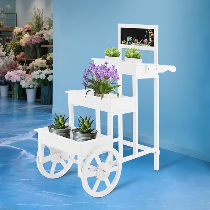 Flower Display Stand | 3-Tier Wood Flower Cart | Flower Cart Display Stand with Wheels | Ladder Shaped Plant stand | Market flower display Stand | Handle & Blackboard (White)