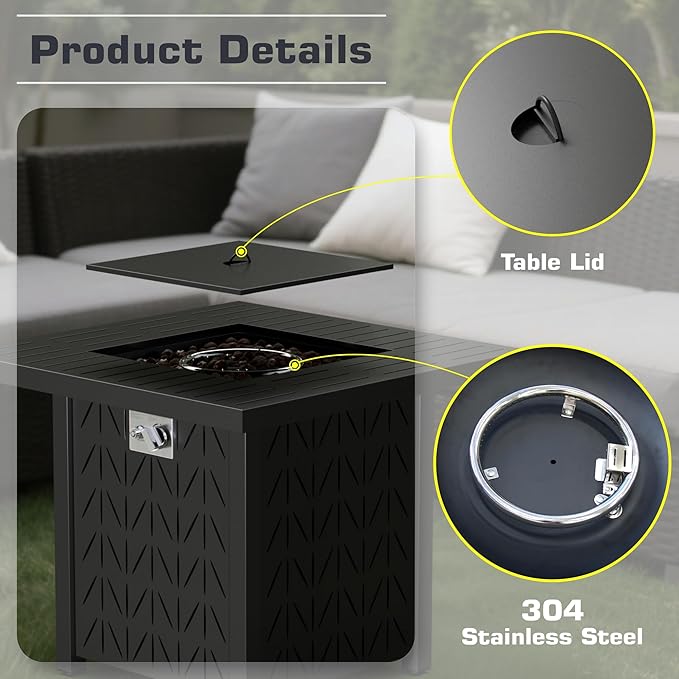 28'' Propane Fire Pit Table, 2 in 1 Rectangular Outdoor Fireplace, Outside Patio Deck and Garden, Gas Fire Pit Table with Lid and Stone, 50,000 BTU Adjustable Flame