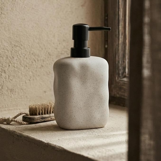 EMPO Ceramic Hand Soap Dispenser with Matte Black Pump, Stone-Textured Wabi-Sabi Liquid Dispenser for Bathroom Vanity and Kitchen Sink (440ml/14.8oz)