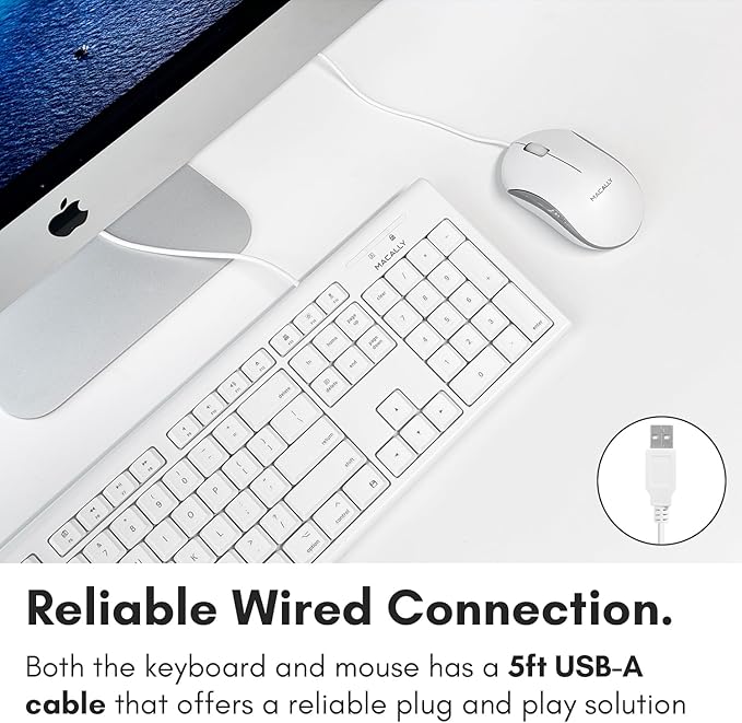Macally Full Size USB Wired Mac Keyboard and Mouse Combo - Compatible Ergonomic Apple Keyboard and Mouse with Shortcuts and Number Keypad for Mac mini Pro, iMac Computer, MacBook Pro Air Laptops