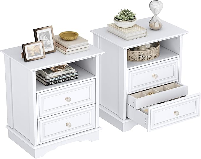 XIAO WEI Nightstand with Hidden Drawer Set of 2, 2-Drawer Nightstand with Open Shelf – Sturdy Wood Bedroom End Table for Storage, Modern Furniture for Bedroom Organization,White