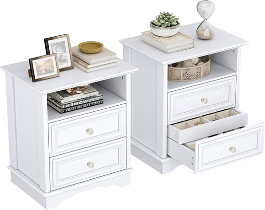 XIAO WEI Nightstand with Hidden Drawer Set of 2, 2-Drawer Nightstand with Open Shelf – Sturdy Wood Bedroom End Table for Storage, Modern Furniture for Bedroom Organization,White