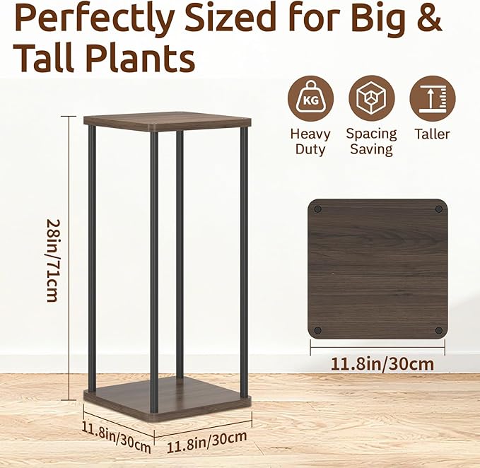 Oppro 2 Tier Plant Stand Indoor, 28In Tall Corner Vertical Wood Metal Square Shelf, Modern Black Large Planter Table Heavy Duty Flower Pot Holder Rack for Narrow House Living Room Floor Orchid, Oak