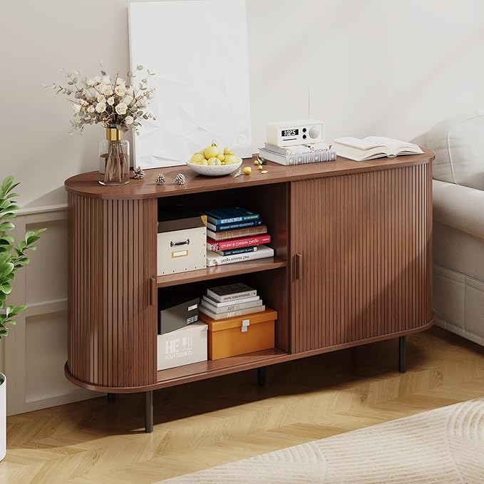 Buffet Sideboard Cabinet with Storage, 55" Fluted Cabinet with Sliding Door & Adjustable Shelf, Modern Accent Coffee Bar Console Table for Kitchen, Entryway, Walnut