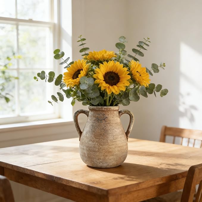 Ceramic Flower Vase Home Decor - 7.5 Inch Farmhouse Rustic Table Vases Living Room Decoration Decorative Vintage Pottery for Kitchen Shelf Coffee Dining Bookshelf Fireplace Centerpiece (Rustic-7.5")