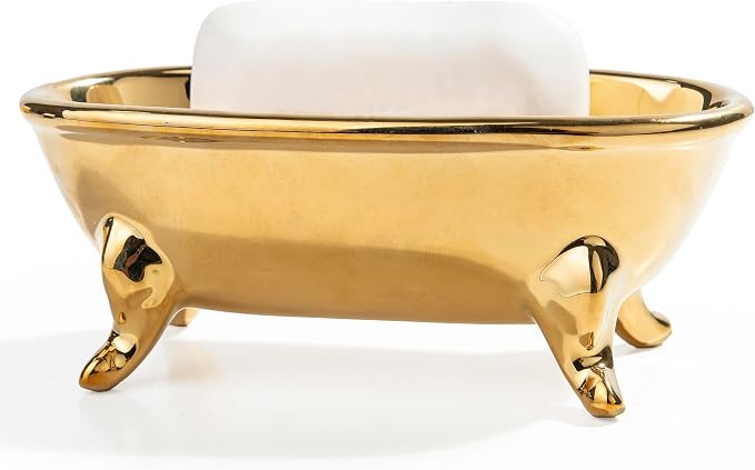 6.7" Ceramic Mini Clawfoot Bathtub Bar Soap Dish, Decorative Bar Soap Holder, Soap Tray Sponge Holder for Shower, Bathroom & Kitchen Sink (Gold)