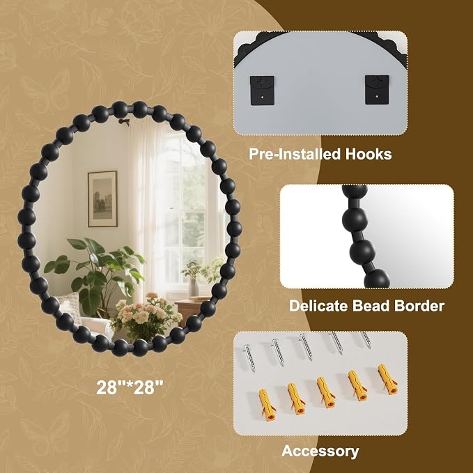 Easly Round Mirror for Wall, 28 Inch Black Beaded Frame Decorative Vanity Mirror, Circle Bathroom Mirror with High-Definition Lense, Modern Wall Decor for Bathroom, Living Room, Bedroom, Entryway