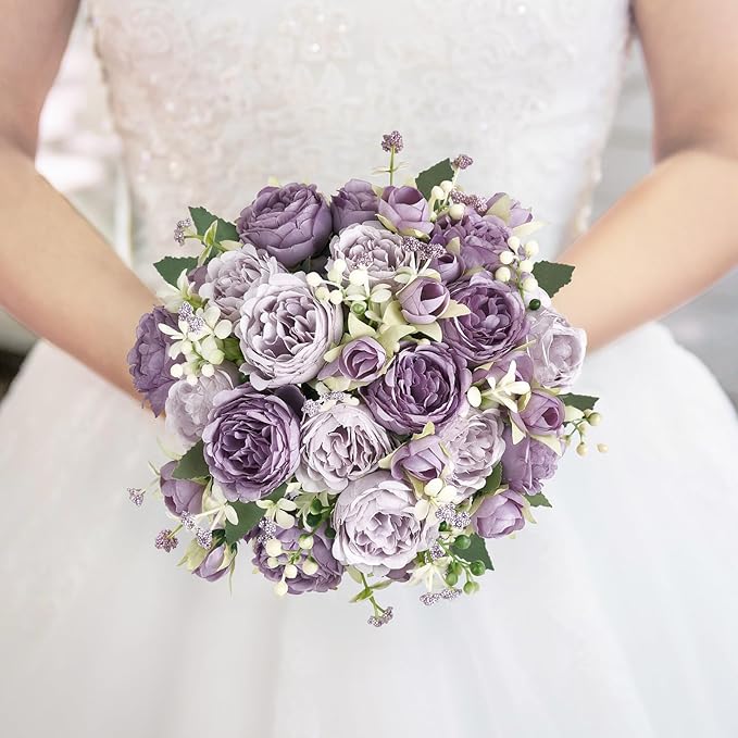 Mkono Peonies Artificial Flowers, Small Silk Flowers for Home Decor Indoor Fake Bouquet Faux Floral Arrangements Dining Table Centerpieces for Kitchen Bridal Wedding Party Decor Purple
