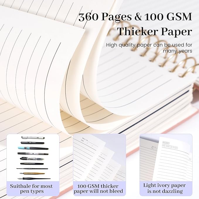 FLYING EAGLE Leather Spiral Notebooks for Work 5 Subject Notebook College Ruled with Dividers Pen, 360 Pages B5 Hardcover Lined Journals for Women Men Writing,Purple