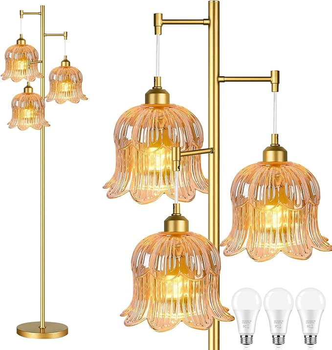 QIYIZM Glass Floor Lamp for Living Room,Bedroom,Mid Century Modern Standing Lamp Brass Tree 3 Light Tall Floor Lamps Vintage Floor Lights Gold Tulip Flower Lamp Shade Farmhouse Boho Bohemian