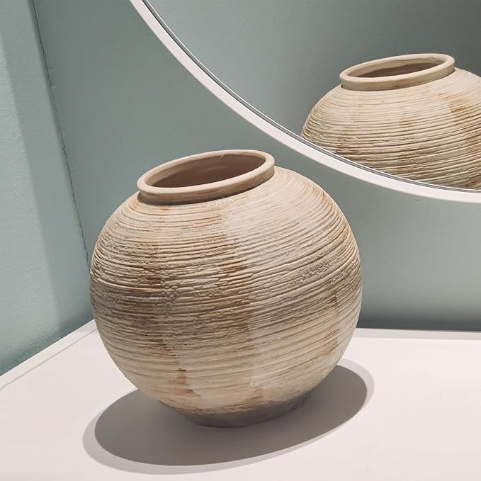 Rustic Ribbed Vase Home Decor - 6.3 in Ceramic Vintage Farmhouse Vases for Decor, Decorative Terracotta Round Bowl vase for Living Room, Table, Shelf, Kichen Decor