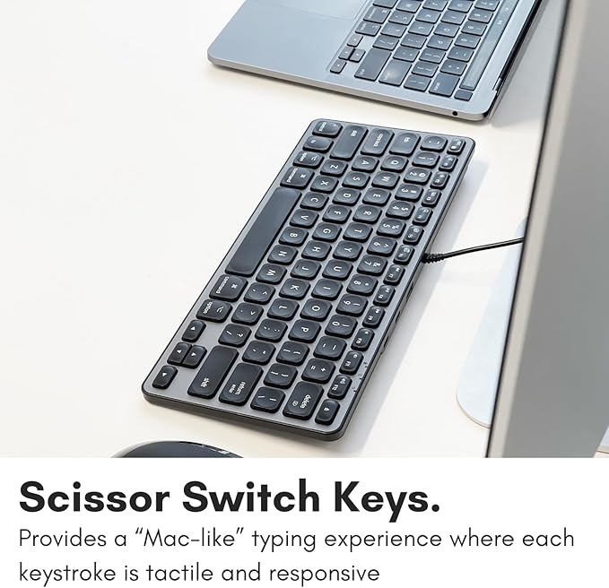 Macally Wired Keyboard for Mac with USB Hub (2X USBC / 1x USBA) - Compatible Small Apple Key Board with 2 in 1 USB Plug - for MacBook Pro/Air, Mac mini, iMac