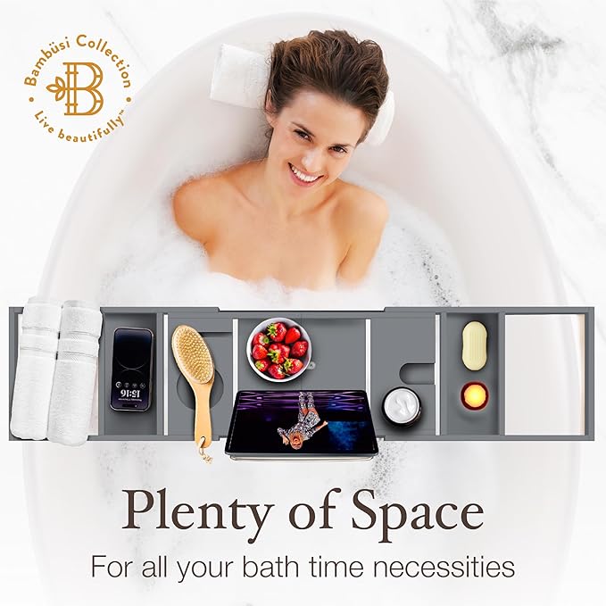 Gray Bathtub Tray for Tub - Grey Bamboo Bath Tray, Expandable Wooden Bath Caddy Tray with Wine Holder, Book and Tablet Stand, Bathroom Accessories, Tub Table, Bridal Shower Gifts for Women