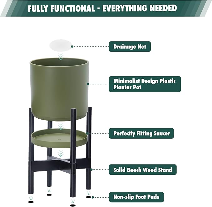 D'vine Dev Planter Pot with Stand - 8 Inch Plastic Cylinder Flower Pot with Wood Planter Holder for Indoor, Olive Pot + Ebony Stand, 55-C-K-3