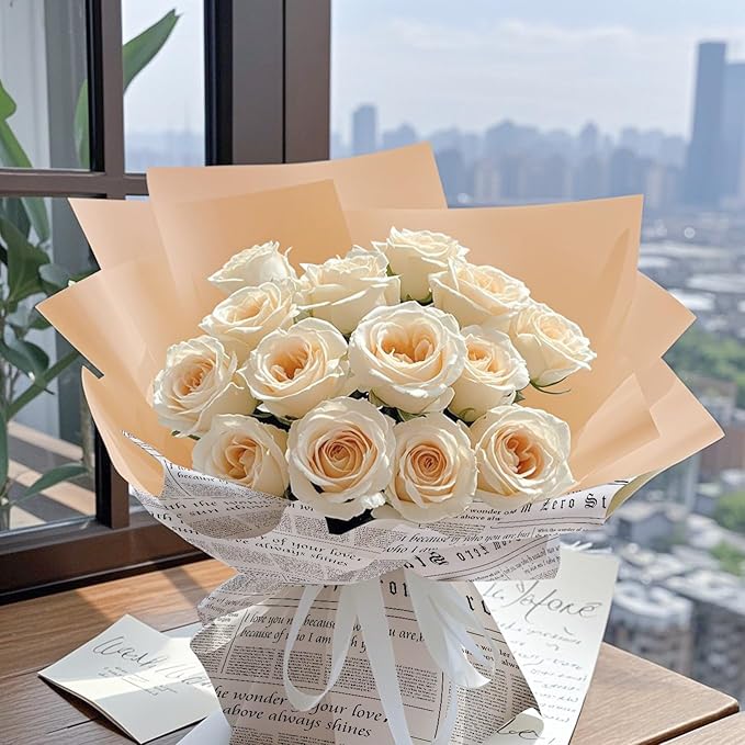 WRAPAHOLIC 20 Sheets Reversible Flower Wrapping Paper - 22 x 22 inch Lettering and Champagne Water-Resistant Floral Bouquet Wrapping Paper, Florist Supplies Packaging Paper for Wedding Gift DIY