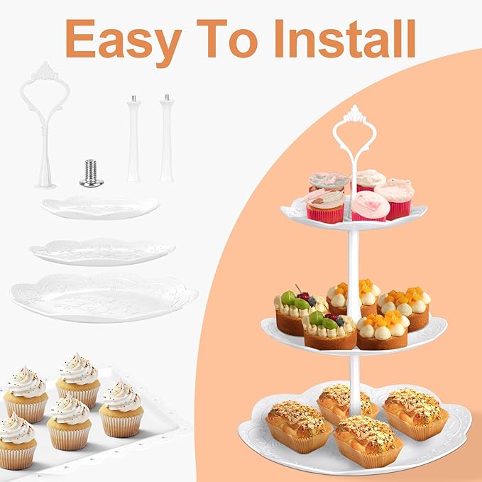 10 Pcs Cake Stand White Plastic Dessert Table Display Set 4 Pcs 3 Tired Cupcake Stand Cookie Tray Rack Serving Tray Cake Display Tower and 6 Pcs Dessert Trays for Wedding Baby Shower Tea Party (White)
