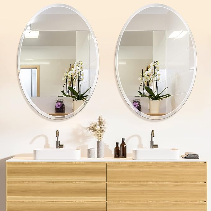 Frameless Oval Bathroom Mirror, 20x28 Inch Beveled Edge Vanity Wall Mirror for Over Sink, Modern Decorative Mirror for Bathroom, Bedroom, Entryway