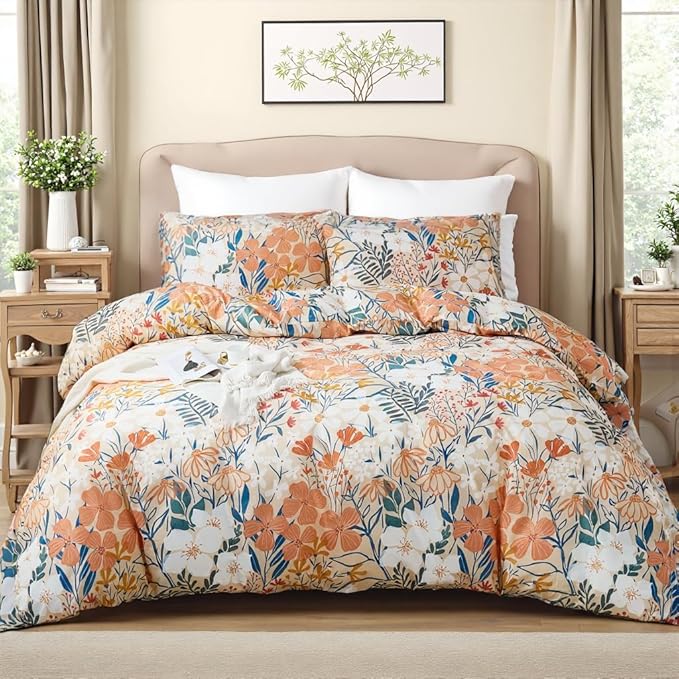 100% Cotton Duvet Cover King Size – Autumn Botanical Floral Duvet Cover Set with Zipper Closure, 3-Piece Soft Breathable Percale Weave Bedding Set for All Seasons