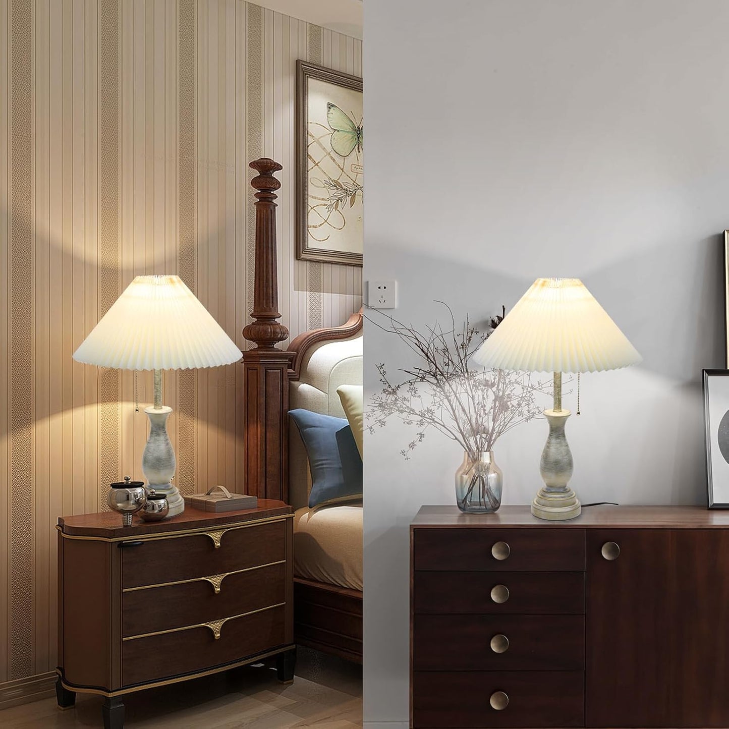 Skiennix Farmhouse Table Lamp - 3-Way Dimmable Nightstand Lamp with Fabric Shade | Modern Design for Living Room & Bedroom