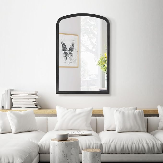 WallBeyond Arched Wall Mirror Wood Framed, 24" x 36" Rustic Farmhouse Wood Arched Mirror for Bathroom Wall Decor Entryway Living Room (Black)
