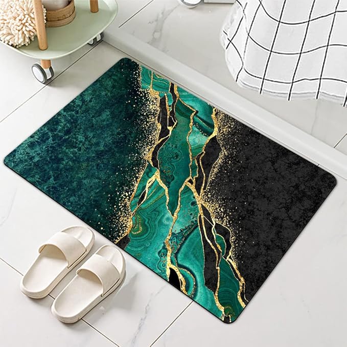 Diatomaceous Earth Bath Mat,Black and Green Gold Marble Non-Slip Volume Super Absorbent Fast Drying for Bathroom Kitchen Door mat,Eco-Friendly Easy to Clean 17×27.5Inch (43 * 70cm)