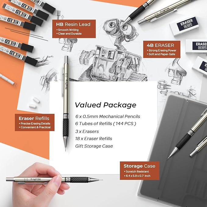 Nicpro 0.5 mm Art Mechanical Pencils Set in Case, 6 PCS Metal Drafting Pencil Lead Pencil 0.5mm with 6 Tube HB Lead Refills, 3 Erasers, 18 PCS Eraser Refills for Artist Writing, Drawing, Sketching