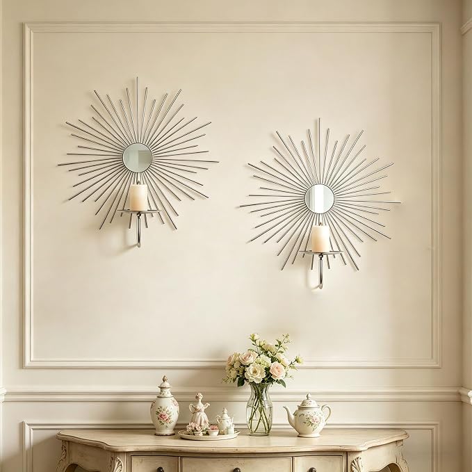 2 Set Candle Sconces Wall Decor for Living Room Metal Sunburst Mirrored Modern Gold Wall-Mounted Candle Holder Sconces Hanging Mounted Fireplace Farmhouse Wedding