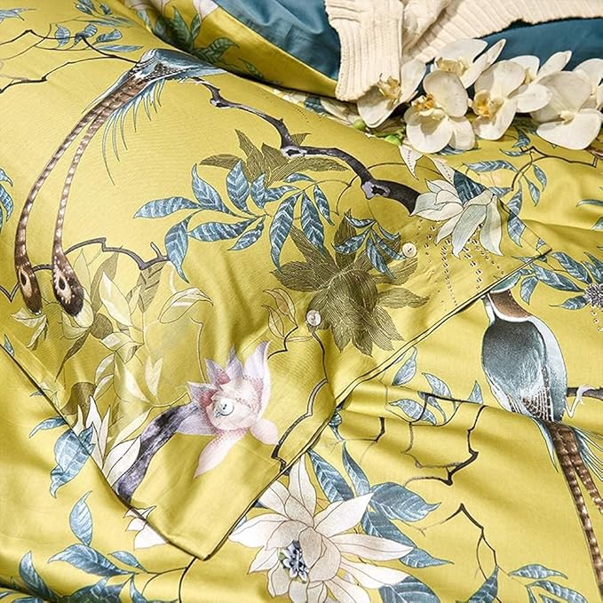 Gold Floral Duvet Cover Set King Size Garden Style Bird Flower Pattern Duvet Cover Luxury Soft Cotton Floral Comforter Cover with Zipper Closure Reversible Peacock Blue 3 Pieces Farmhouse Bedding Set