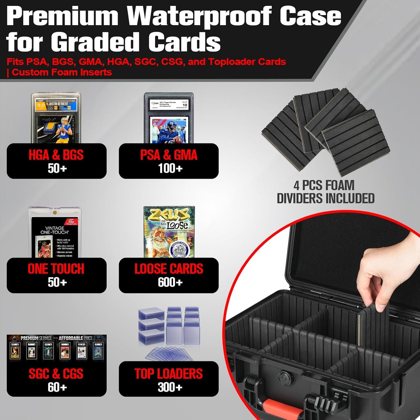 Skiennix Sports Card Storage Box - Waterproof Hard Case with 6 Dividers for 300+ PSA Graded Cards