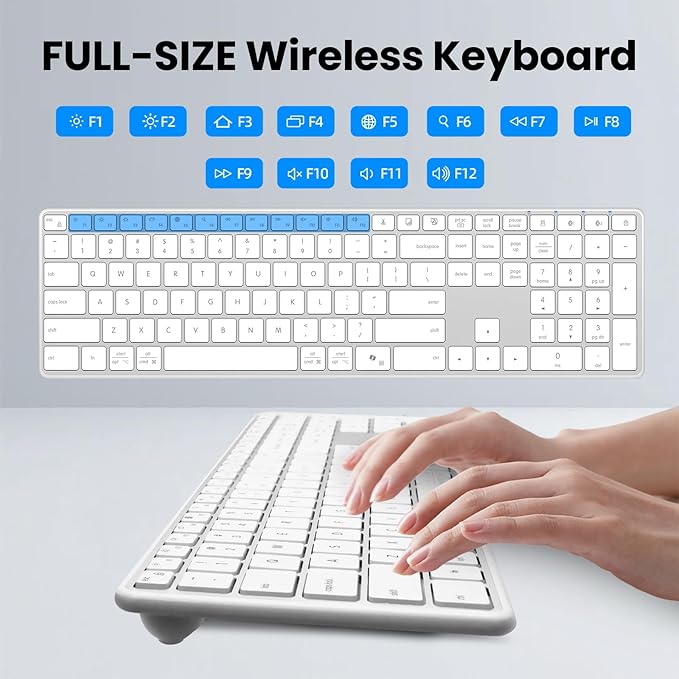 Bnnwa Wireless Bluetooth Keyboard Stainless Steel Multi-Device Full Size Keyboard with Numeric Keypad Low Profile Silent Cordless Keyboards Quiet Typing for Computer/Windows/PC/Laptop(Silver White)