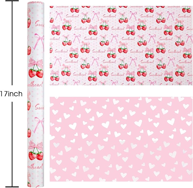 Homeral Pink Strawberry Birthday Wrapping Paper Roll - 17In x 16.5Ft Reversible Gift Wrap, Strawberry and Bow Pattern Art Paper for Girls Baby Shower, Birthday, Wedding, Valentine’s Day, DIY Crafts