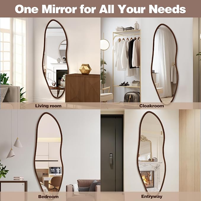 Irregular Full Length Mirror, 65"x22" Wooden Farmhouse Full Body Mirror, Large Asymmetrical Wall Mirrors for Living Room Entryway, Horizontal/Vertical, Walnut