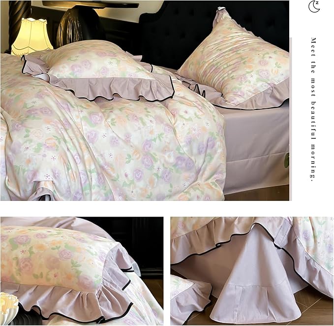 HighBuy Floral Ruffle Duvet Cover Queen Vintage Purple Floral Lace Ruffle Coquette Bedding Set Brushed Cotton Soft Breathable Durable Farmhouse Bedding Set with 4 Corner Ties,Queen