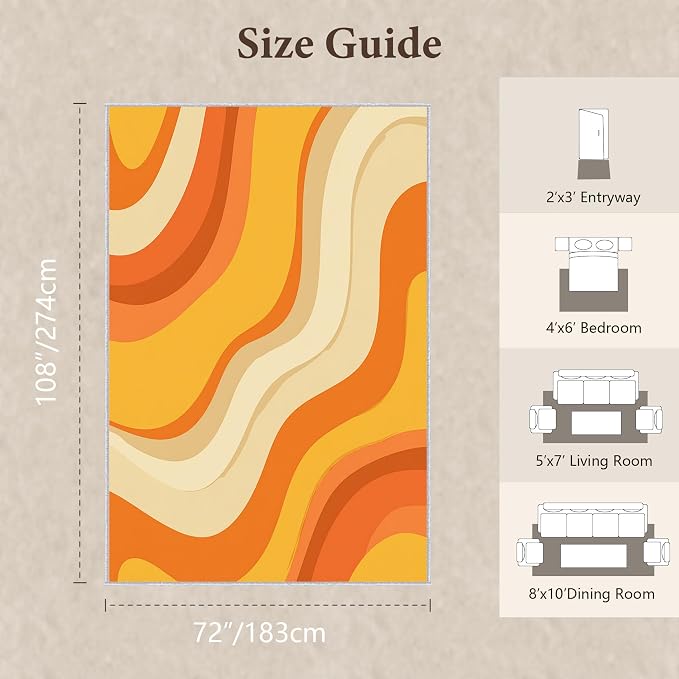 Sunset Flow Area Rug 6x9, Modern Abstract Wave Rug, Retro Orange Neutral Carpet for Living Room Bedroom, Soft Non Slip Washable Rug