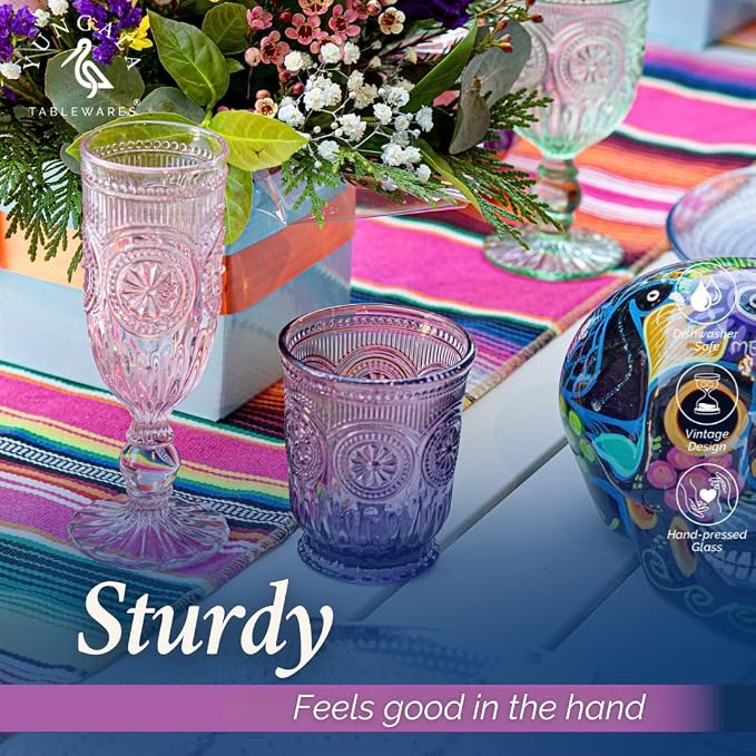 Purple Glassware, set of 6 purple drinking glasses small textured colored vintage glass cups,(Sunflower Goblets)
