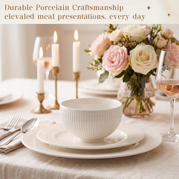 Domensi Ceramic Dinnerware Sets, Embossed Stoneware Plates and Bowls Sets Service for 2(Two More Bowls), Vertical Ribbed Embossed Pattern Oven, Microwave, Dishwasher Safe, Housewarming Wedding Gift