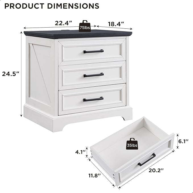 ACCOHOHO Farmhouse Nightstand with Charging Station, 22 Inch Wide End Table with 3 Large Drawers & Bar Handles, Rustic Wood Small Dresser Chest of Drawers for Bedroom, Living Room, Closet, Off White