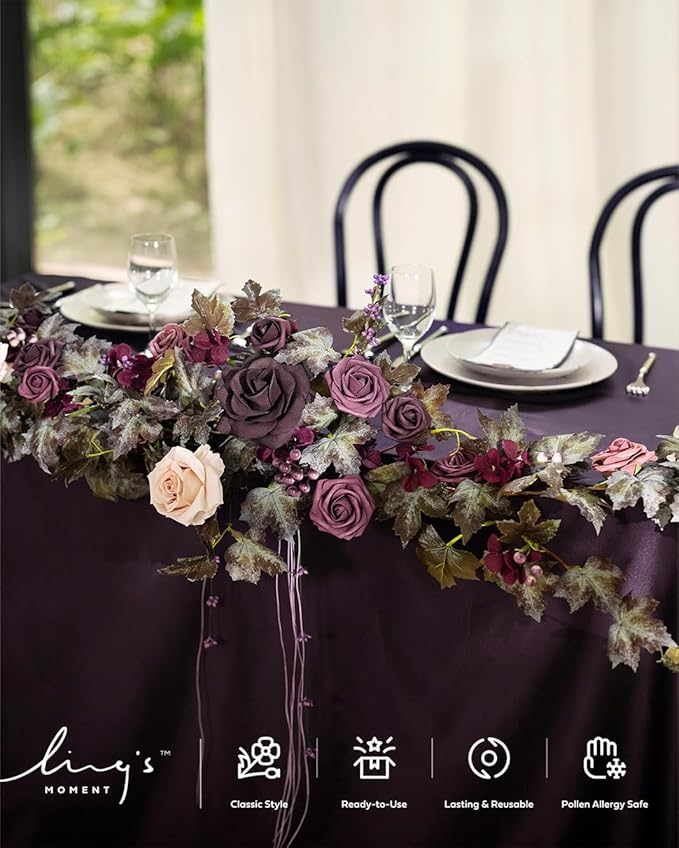Ling's moment 9FT Flower Garland for Backdrop Decorations - Wedding Arch Flowers, Eucalyptus & Rose, Artificial Floral Garland for Mantle - Sweetheart Table Decor for Beach Reception, Purple