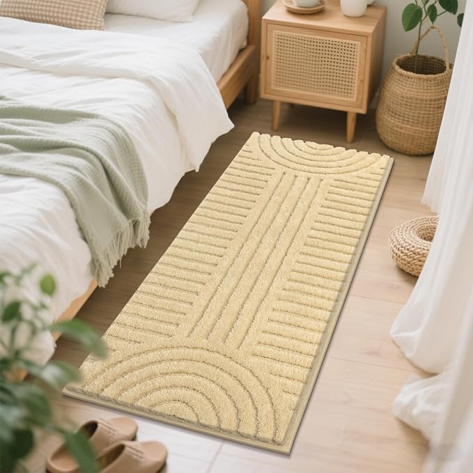 SHACOS Super Soft Bathroom Runner Rugs 24"x60" Non Slip Boho Bath Mats Microfiber Absorbent Carpet for Bath Room Machine Washable Shaggy Bath Rugs for Shower Bathtub Home Decor, Beige 2' x 5'