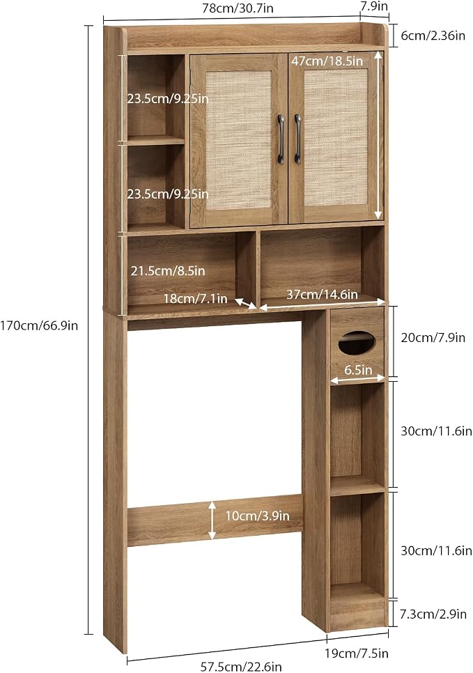 RUSTOWN Rattan Over The Toilet Storage Cabinet,Boho Over Toilet Bathroom Organizer with 2 Doors & Adjustable Shelves,Modern Above Toilet Rack with Toilet Paper Holder for Bathroom (Rustic Oak)