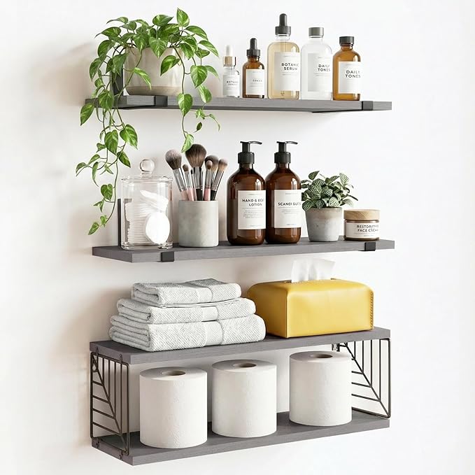 Fixwal 3+1 Tier Bathroom Floating Shelves Over Toilet, 15.8in Farmhouse Rustic Wood Shelves, Wall Decor for Bathroom, Living Room,Bedroom and Kitchen (Gray)
