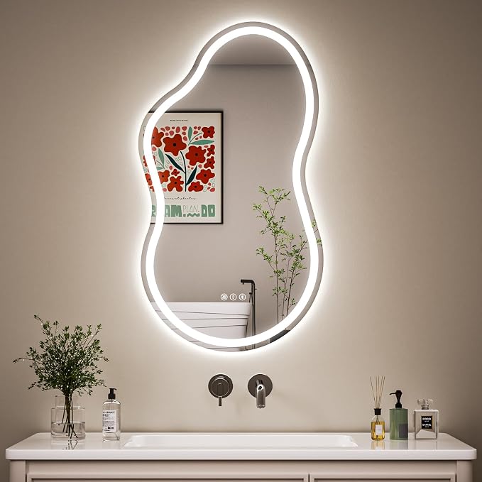 Cloud Shape Asymmetrical LED Vanity Mirror with Lights, 36"x20" Fogless Lighted Bathroom Mirror, 4mm Tempered Glass, Dimmable 3-Color & Memory Function, Wall Mounted (Horizontal/Vertical)