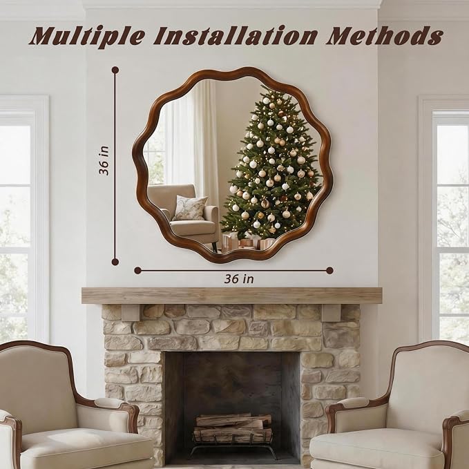 Elountik 36 Inch Wavy Round Solid Wood Frame Mirror with Black Walnut Finish, Decorative Wall Mirror for Living Room, Bathroom, Bedroom or Entryway