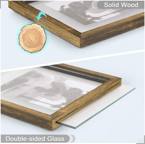 DLQuarts Floating Photo Frame - Double Glass Display for 11x14 Photos | Solid Wood, 2 Pack, Carbonized Brown